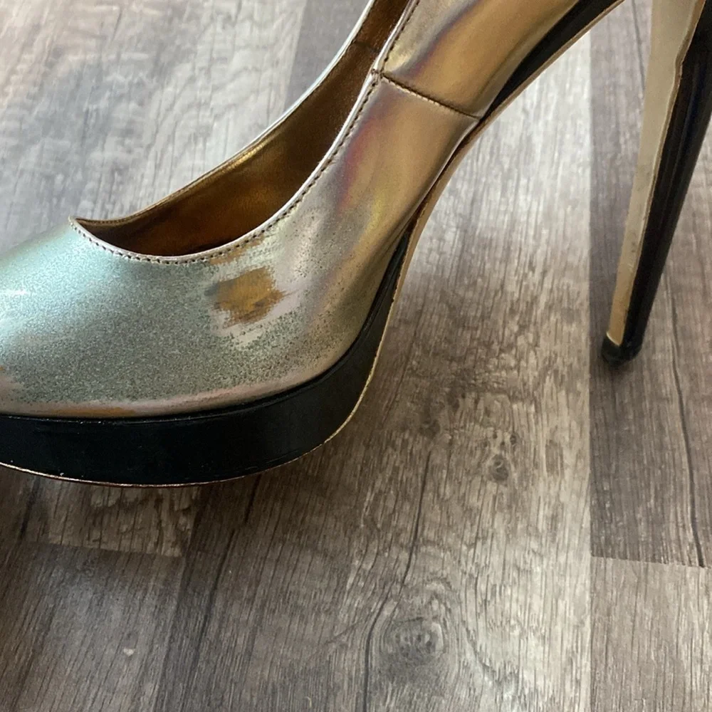 Miu Miu Platform Heels Gold Black Peep Toe